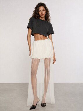 Innovare Denim Ciro Lace Mesh Skirt Ivory Cream Sheer Maxi Bubble Skort NWT M